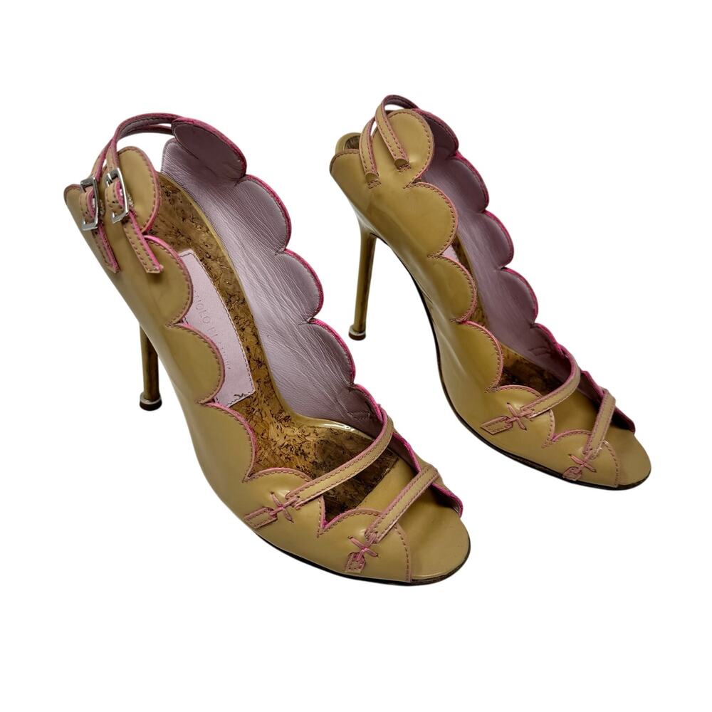 Manolo Blahnik Vintage Y2K Scalloped Patent Cork Sandal Pink Trim Heel 40